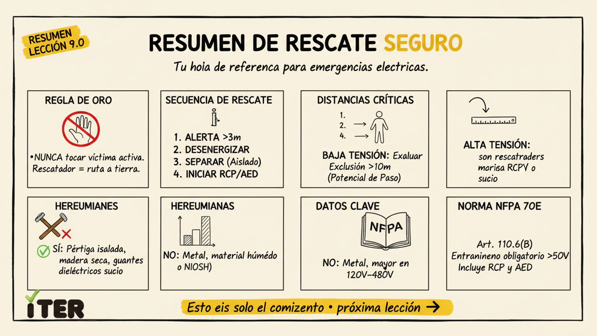 Resumen de la Lección: Rescate seguro en accidentes eléctricos — no te electrocutes también