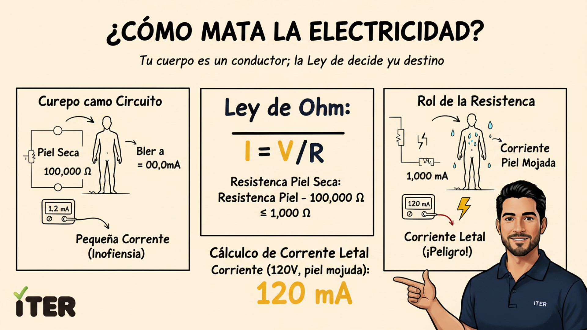Diagrama sketchnote del cuerpo humano mostrando trayectoria de corriente eléctrica mano-mano con resistencia interna