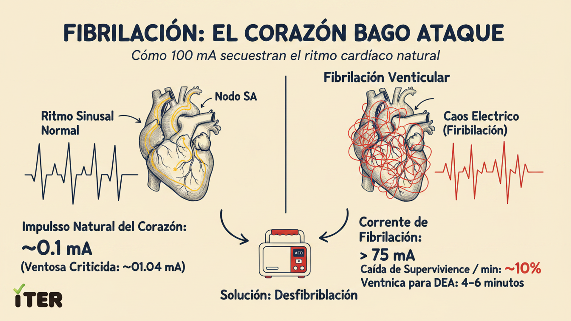 Gráfico sketchnote mostrando ECG normal vs fibrilación ventricular con corazón en trayectoria de corriente