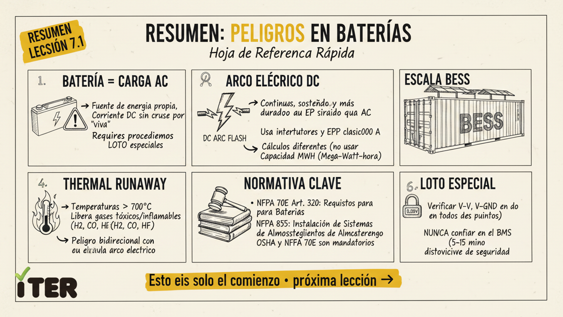 Resumen de la Lección: Baterías industriales y BESS: peligros eléctricos especiales