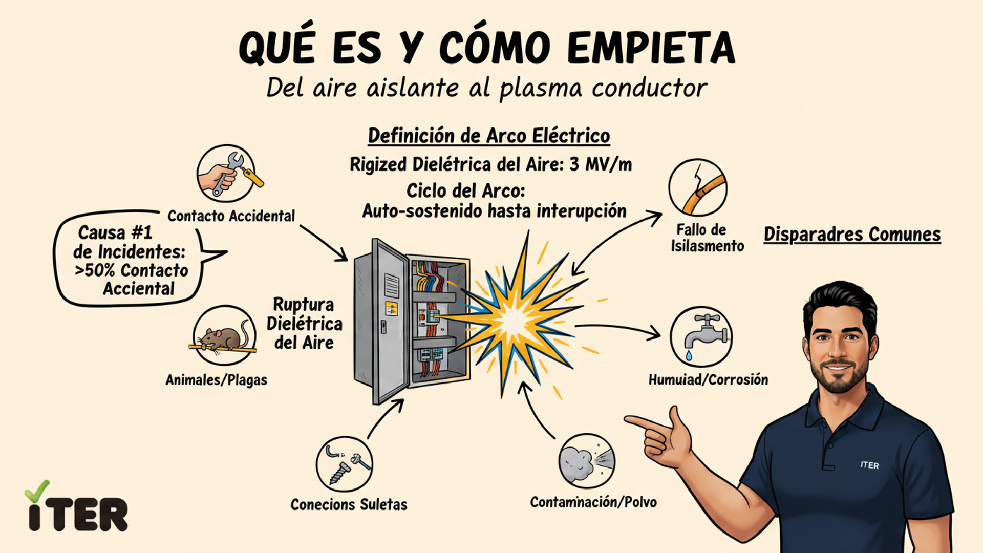 Ilustración ultrarrealista sketchnote de un arco eléctrico explotando dentro de un panel MCC 480V con plasma brillante azul-blanco saliendo de las barras