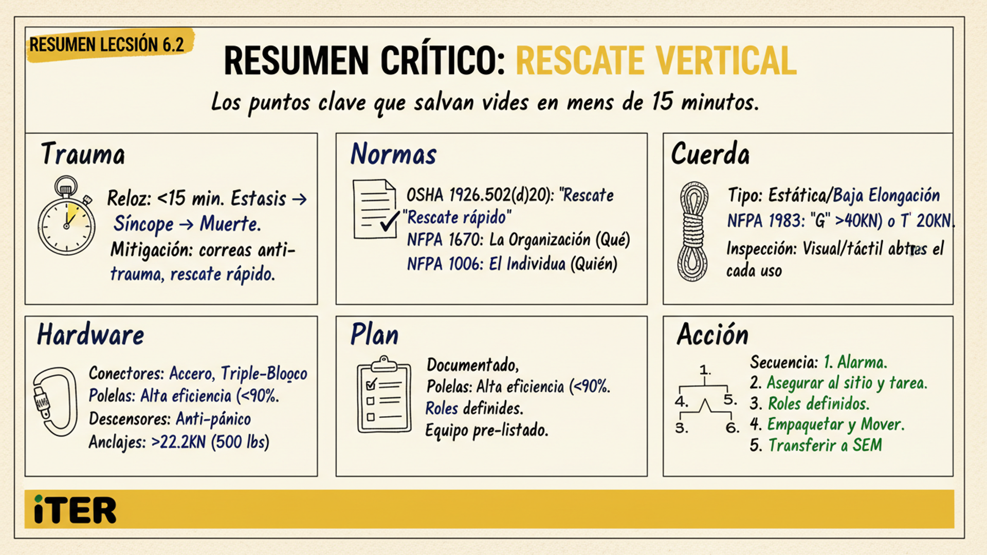 Resumen de la Lección: Equipamiento de rescate vertical (NFPA 1006/1670 referencias)