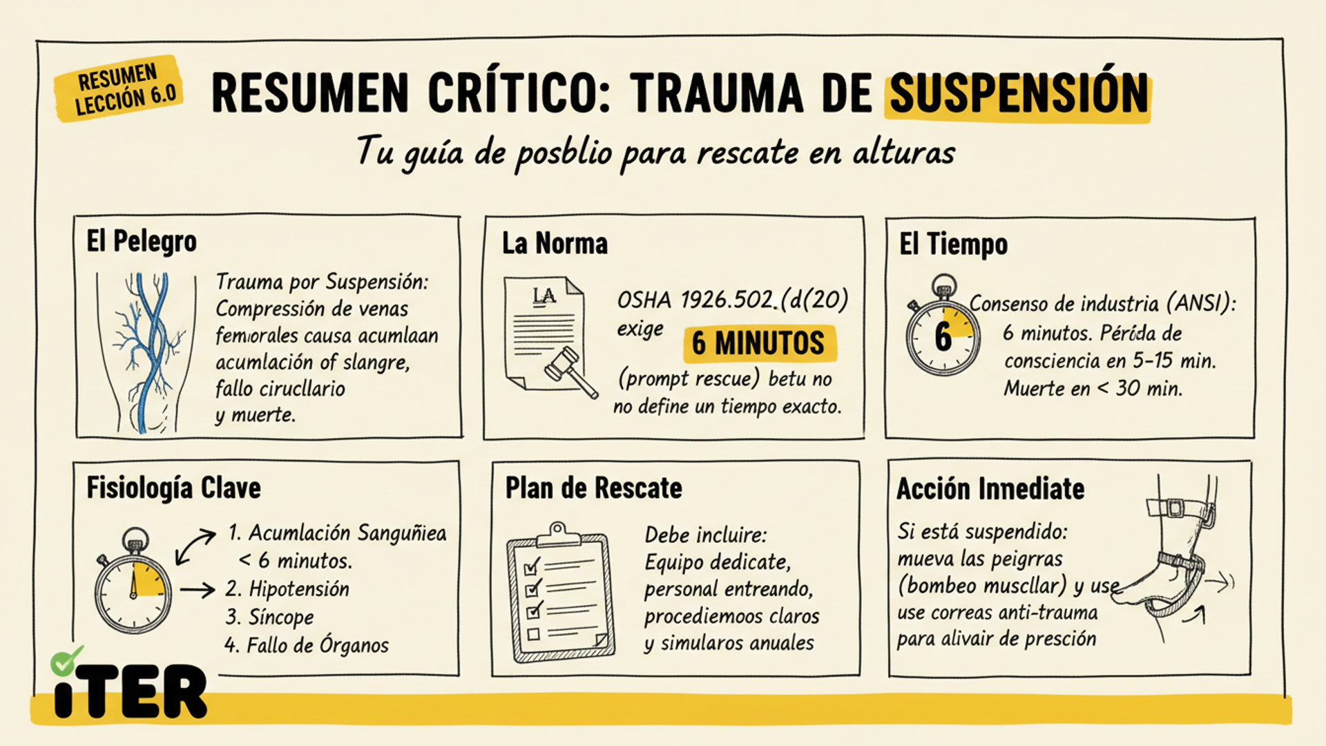 Resumen de la Lección: OSHA 1926.502(d)(20): rescue "prompt" — qué significa "6 minutos"