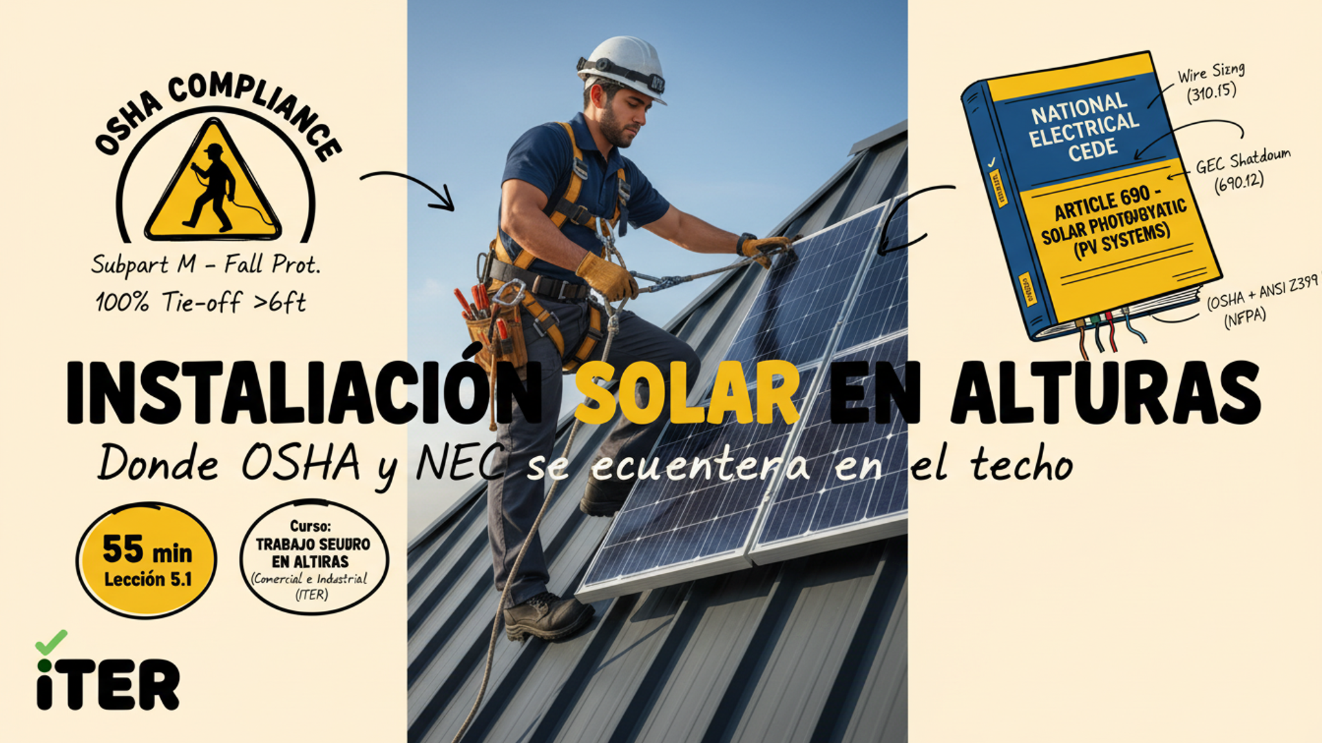Instalación solar fotovoltaica en alturas — NEC + OSHA crossover