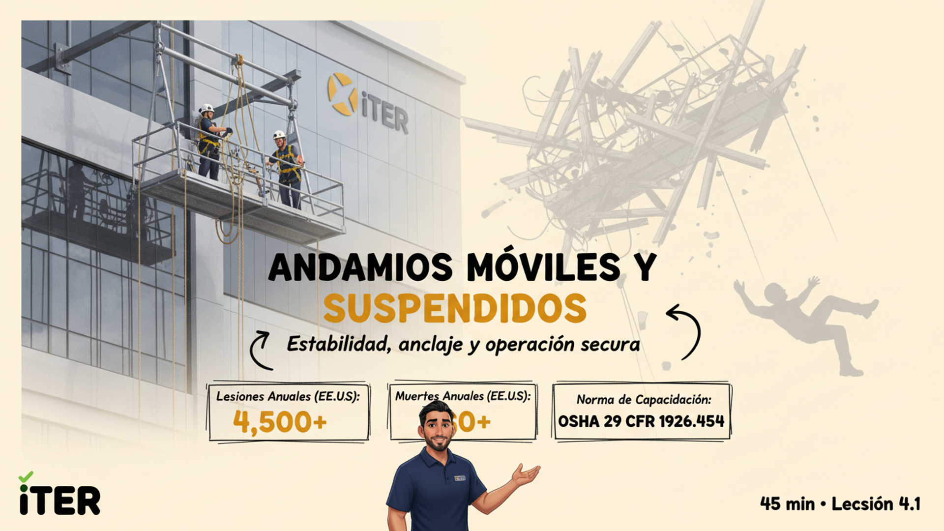 Andamios móviles y suspendidos: outriggers, swing stages, BMUs