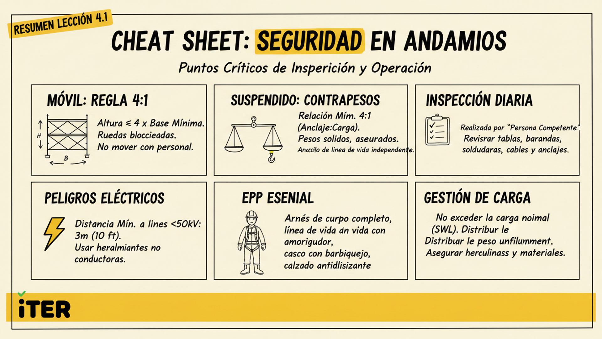 Resumen de la Lección: Andamios móviles y suspendidos: outriggers, swing stages, BMUs